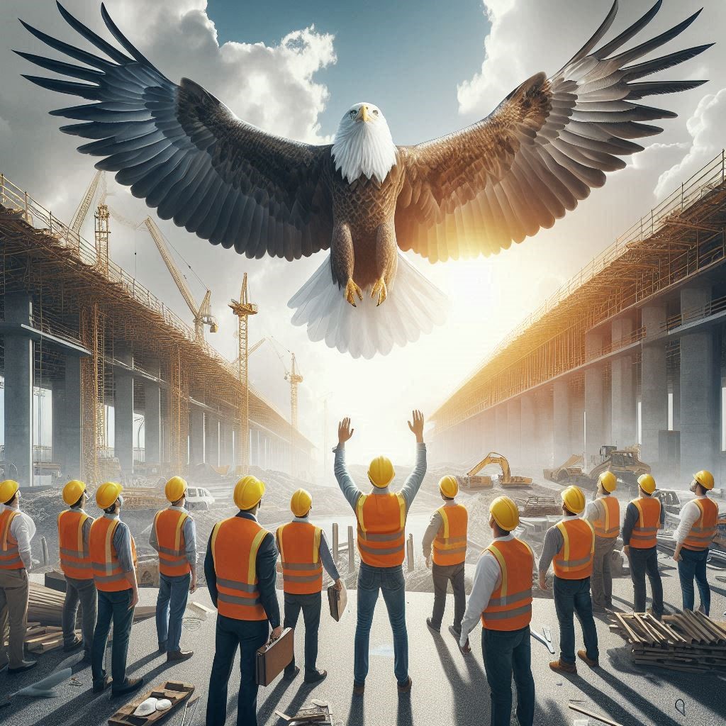 A group of construction workers in safety vests and hard hats stand in a construction site while an eagle soars above them, symbolizing strength and collaboration.